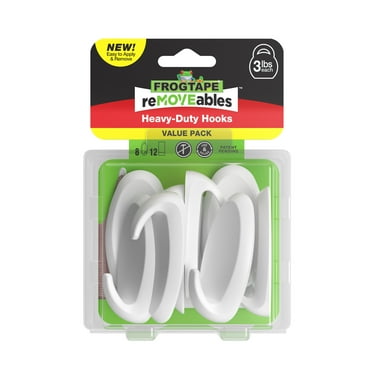FrogTape reMOVEables Medium White Heavy Duty Hooks, 8 Hooks and 12 Adhesive Strips