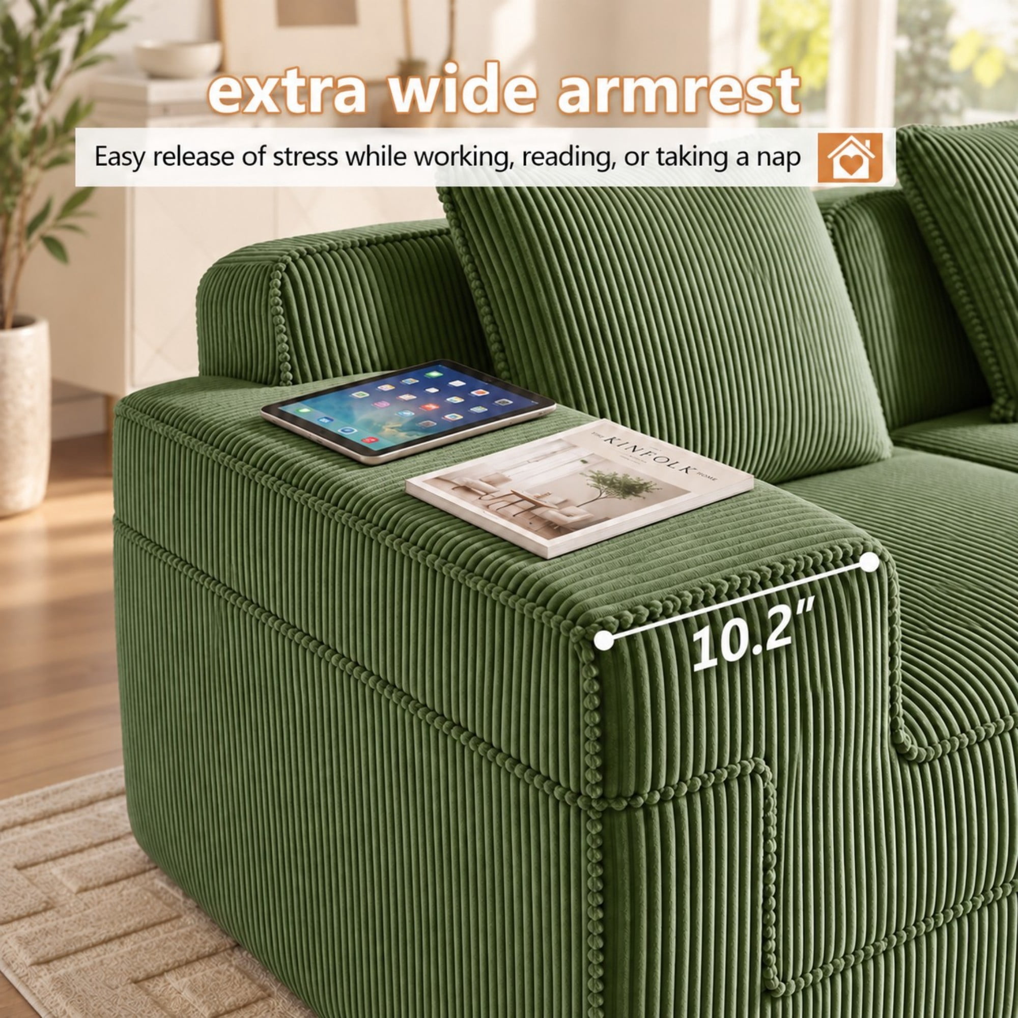DEALTOPS 81" Modern Corduroy Floor Sofa, Modular 2-Seater Cloud Couch with Deep Seats & 2 Pillows, Green