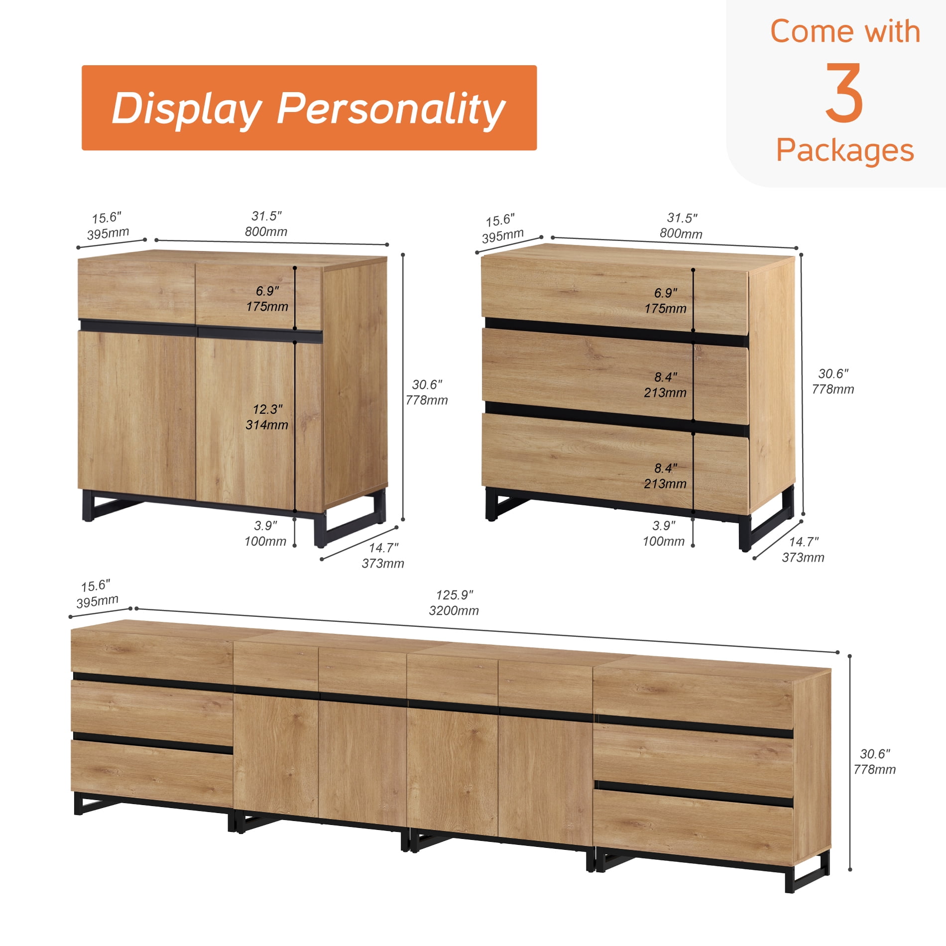 4-in-1 Sideboard Buffet Cabinet with 6 Drawers, Adjustable Shelves, High Load-Bearing Storage Cabinet for Living Room, Dining Room,Oak