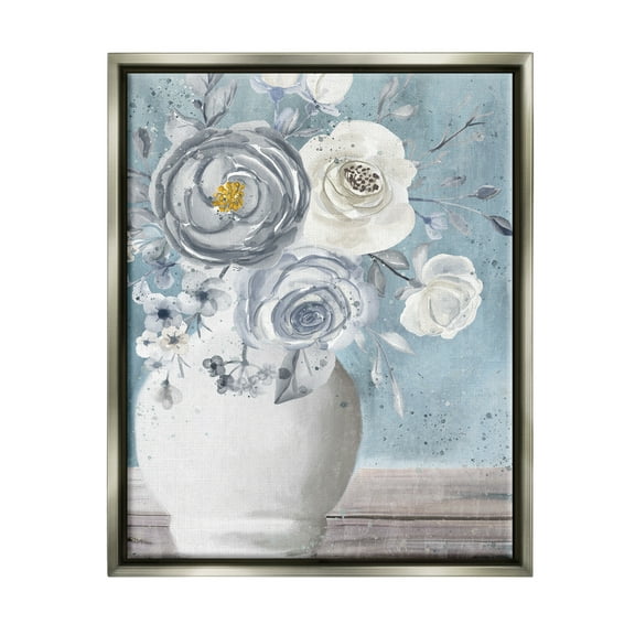 Stupell Industries Round Flower Blossom Bouquet Blue Paint Speckles Painting Luster Gray Floating Framed Canvas Print Wall Art, Design by Kim Allen