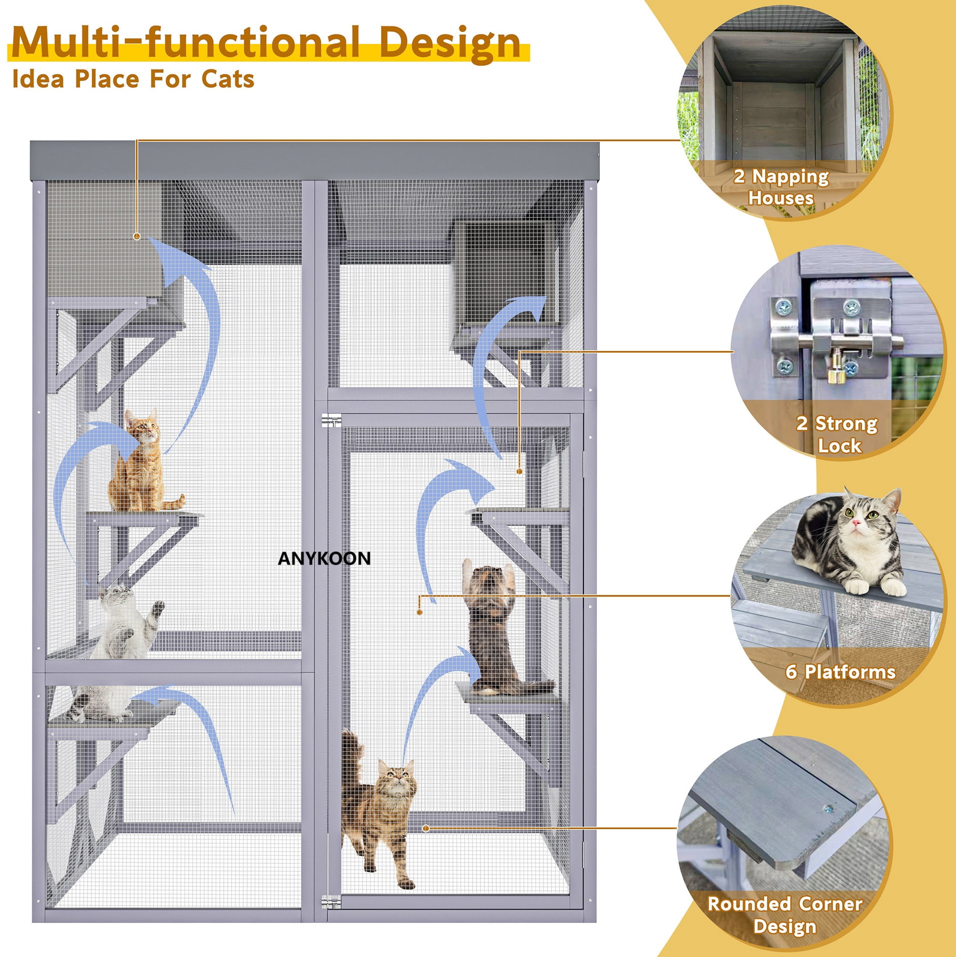 ANYKOON Large Outdoor Cat Enclosure Wooden Catio with 2 Houses & 4 Platforms, Safe Lockable Indoor/Outdoor Cat Cage for Play & Rest