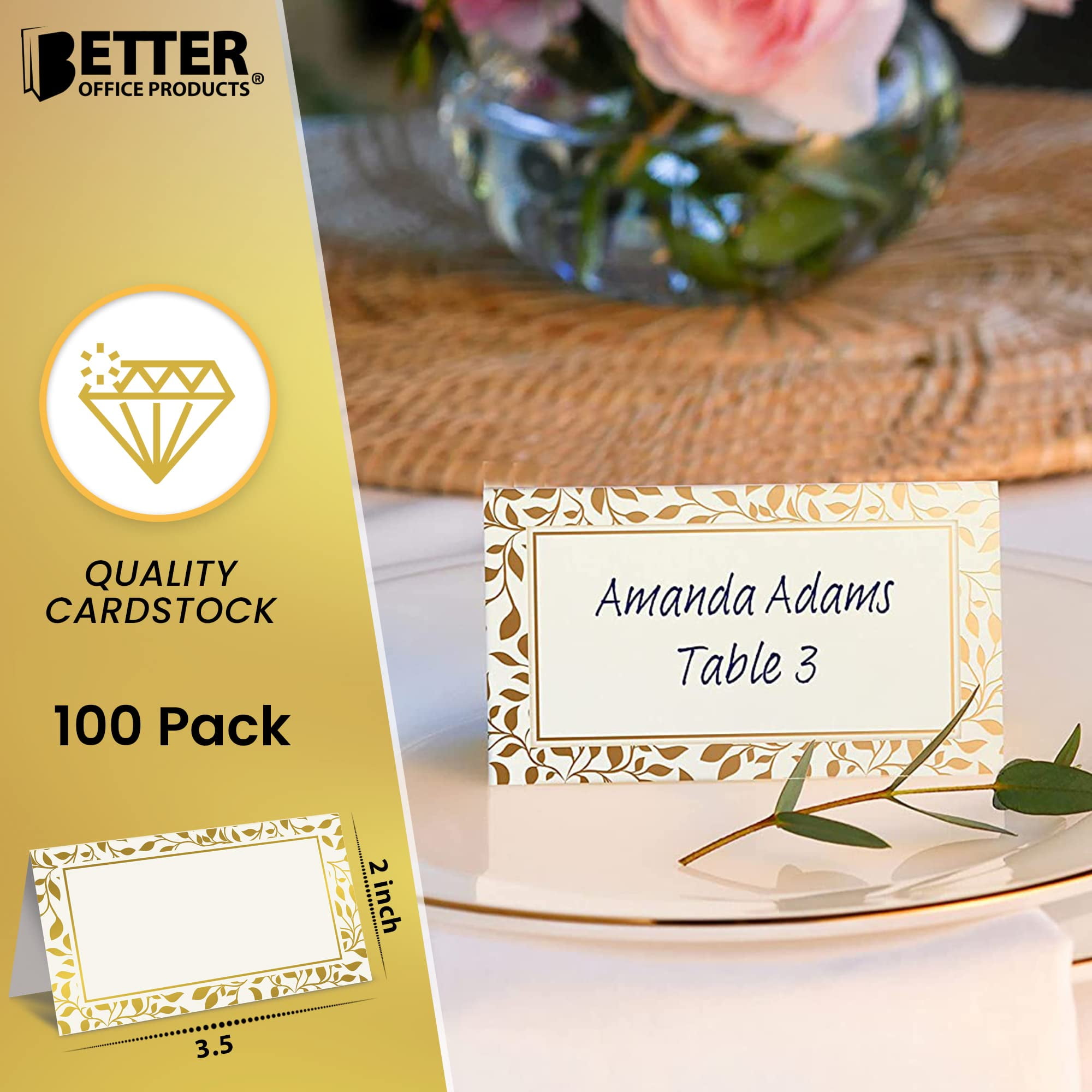 Pack of 100 Place Cards - Small Tent Cards with Gold Foil Border - Perfect for Weddings Banquets Events 2 x 3.5 Inches