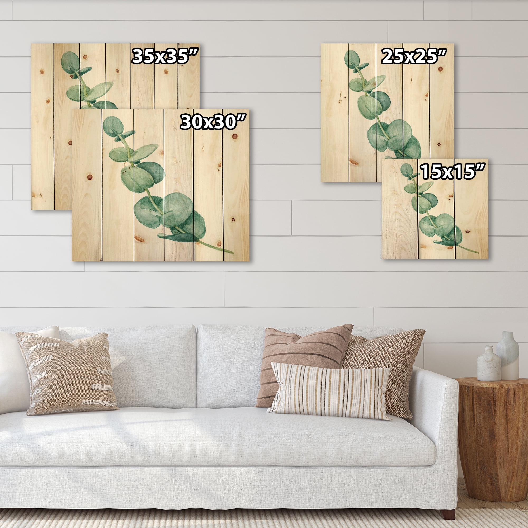 Designart 'Young Eucalyptus Branches and Leaves II' Traditional Print on Natural Pine Wood