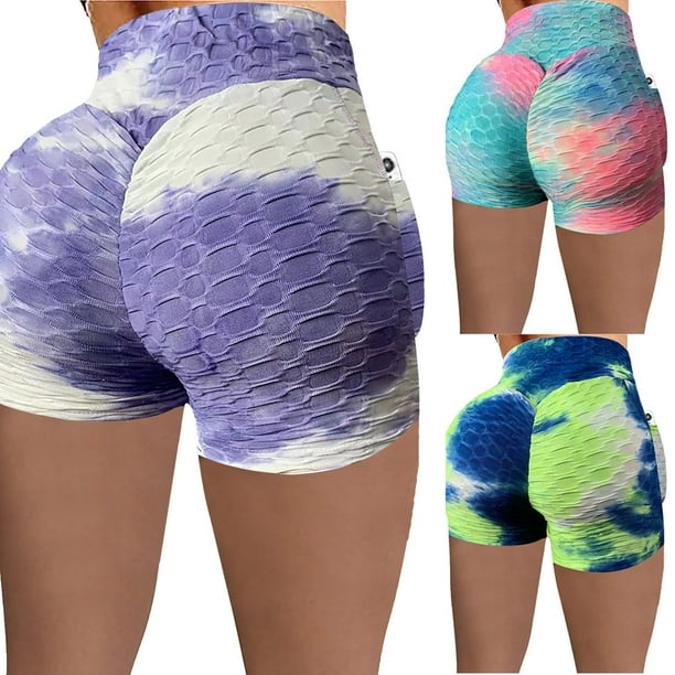 Jacenvly New Womens Plus Shorts Clearance Ladies Short Color Tie-Dye Jacquard Bubble Hip Fitness Pocket Stretch Yoga Pants Leggings Shorts for Women