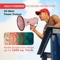 thumbnail image 2 of Lightweight and Portable Bullhorn Megaphone, Aux (3.5mm) Input for MP3/Music, Automatic Siren, 50-Watt, MIC/TALK (Pink), 2 of 7