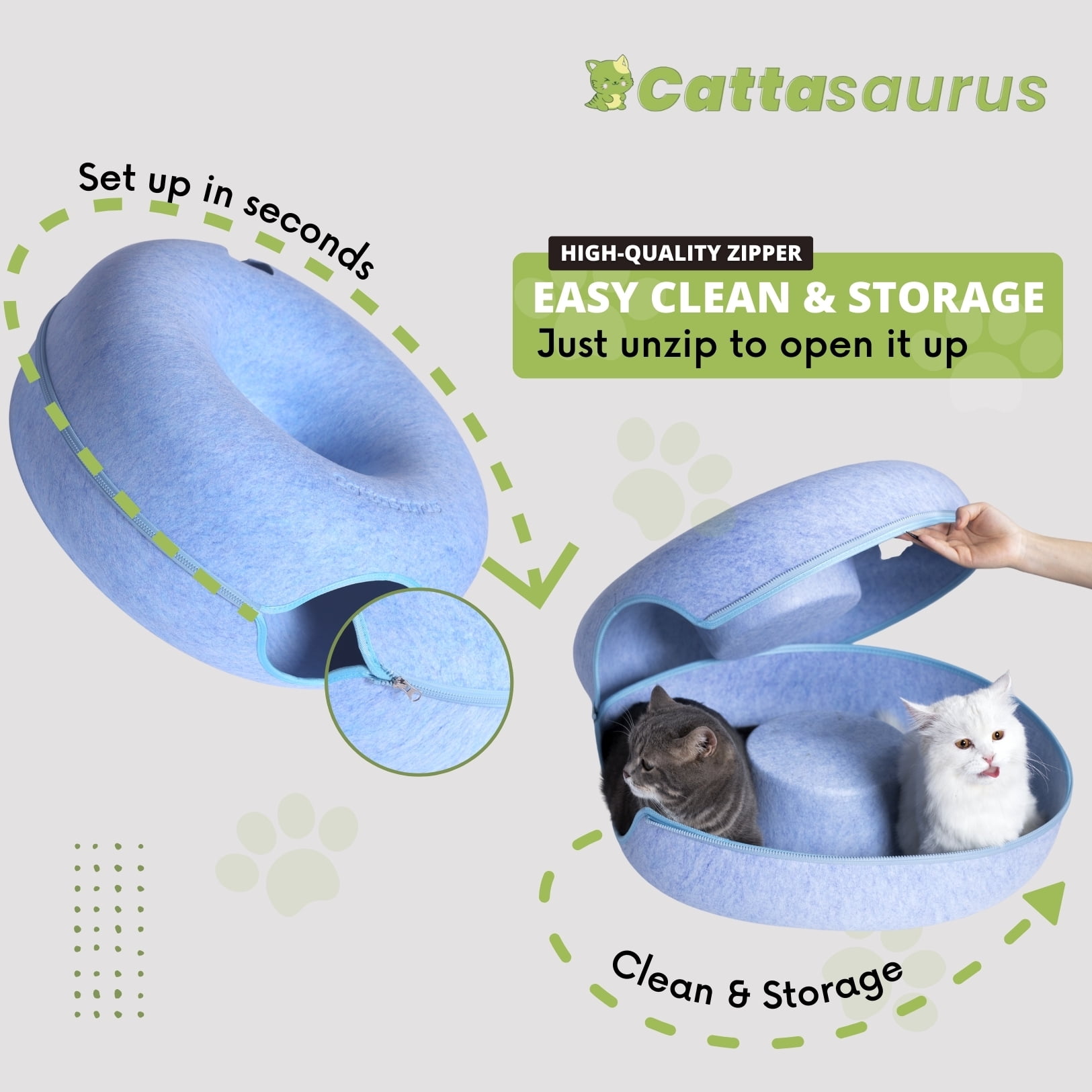 Cattasaurus Indoor Kitty Peekaboo Felt Tunnel Bed for Cats up to 30 lbs, Large, Blue