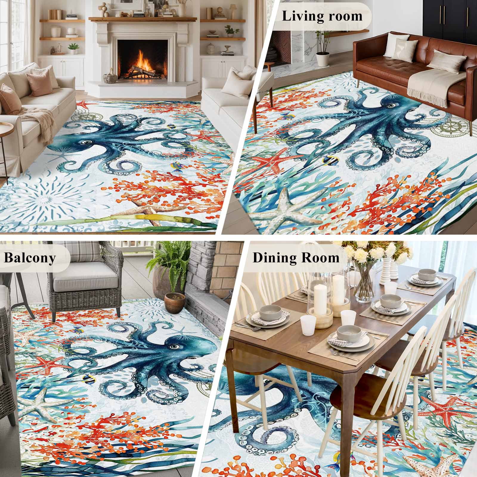 5'x8' Area Rugs, Octopus Coastal Indoor Outdoor Area Rug for Living Room Bedroom, Summer Beach Ocean Coral Starfish Washable Bathroom Rugs Kitchen Floor Carpet Mats Home Decor Aesthetic
