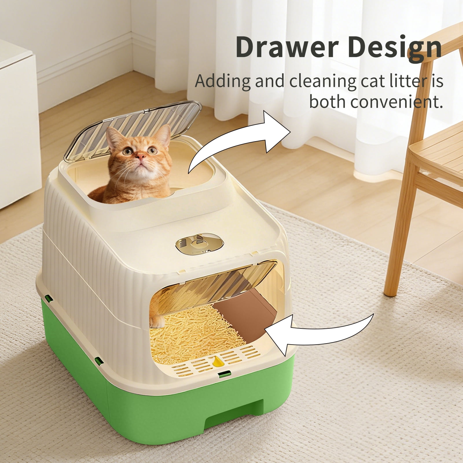 Green Fully Enclosed Cat Litter Box, Drawer Type Odor-Locking Litter Pan with Anti-Splash Design, Easy Clean Removable Cat Litter Tray for Cats of All Sizes, Multi-Cat Household