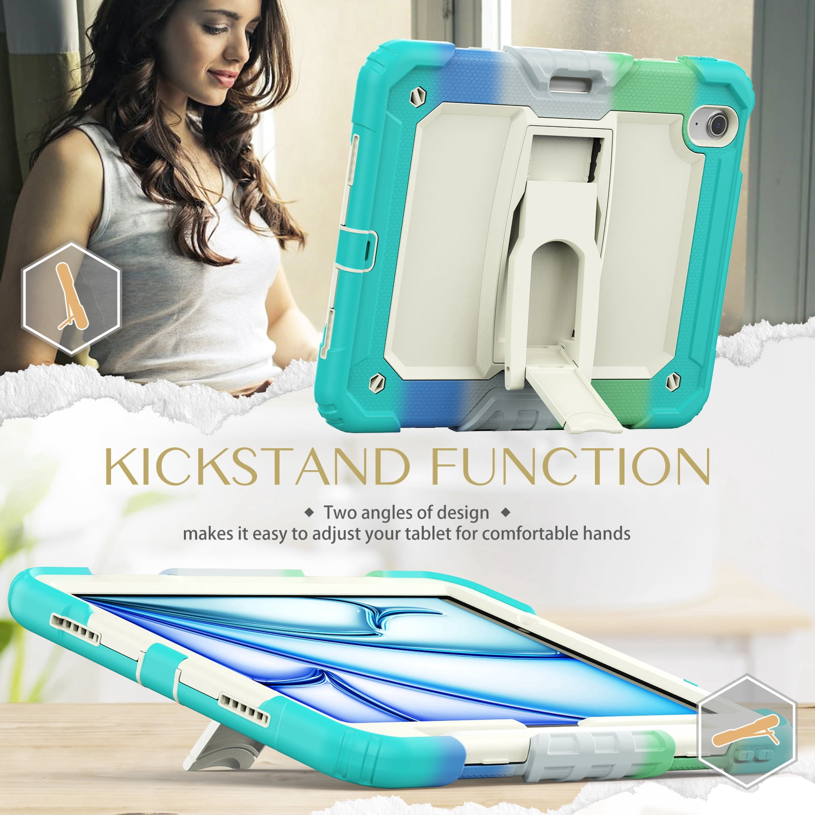 Dteck Built-in Screen Protector Case for iPad Air 11 inch 2025/2024 ,Heavy Duty Silicone Case Foldable Stand Cover Built-in Pencil Holder with Shoulder Strap for iPad Air 11-in. M3/M2,Colorful/Mint