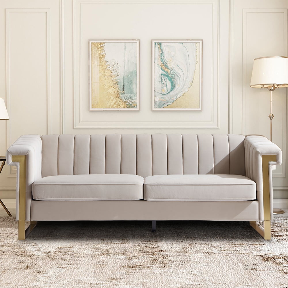 Beige Velvet Sofa Couch, Modern Upholstered Sofa Couch, 84"L 3 Seater