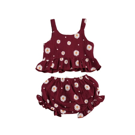 

Raruxxin Girls Daisy Flower Printed 2Pcs Clothes Suit Toddler Baby Sleeveless Ruffled Hem Tank Tops+Triangle Shorts for Summer
