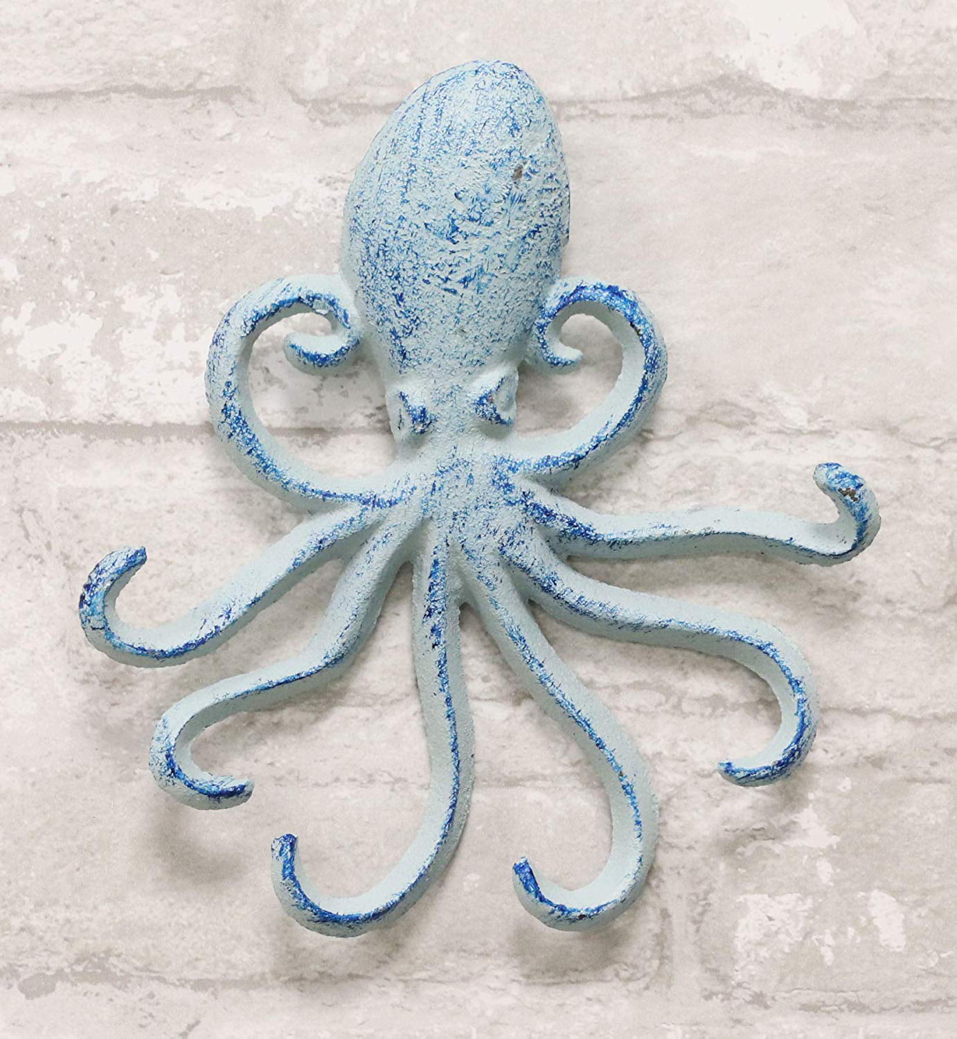 6.5"H Cast Iron Nautical Sea Octopus Teal Blue Wall Keys Hook Cthulhu Kraken 