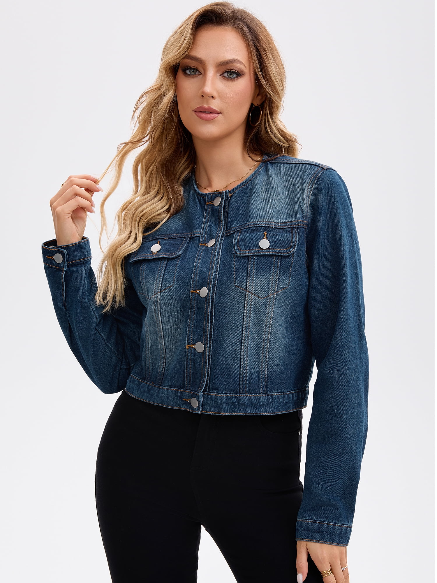 DARING DIVA Women's Collarless Button Down Long Sleeve Denim Jacket S Dark Blue