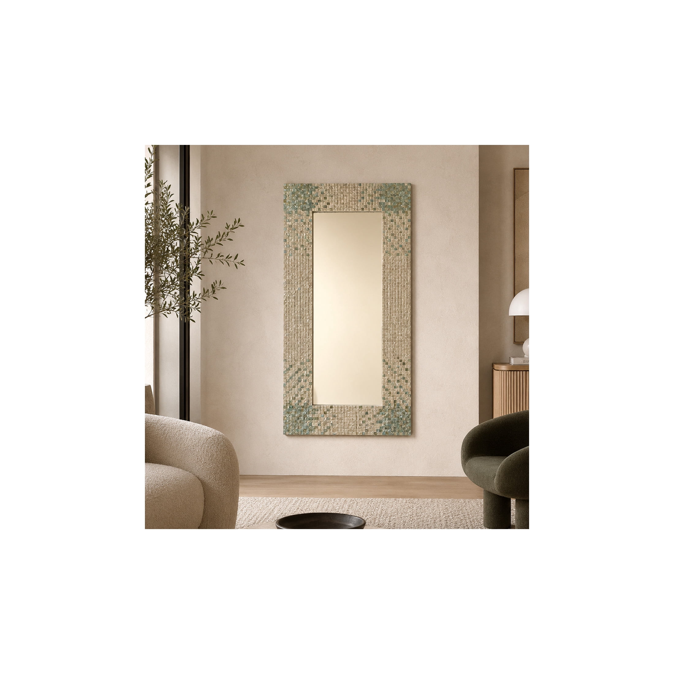 DecMode 36" x 70" Cream Handmade Mosaic Wall Mirror with Blue Corners