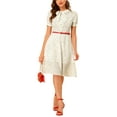 thumbnail image 5 of INSPIRE CHIC Women's Peter Pan Collar Tie Neck Short Sleeves A-Line Elegant Belted Vintage Floral Dress XS White, 5 of 8