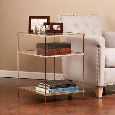 27 in. Glass & Iron Square Mirrored End Table with Shelf, Gold