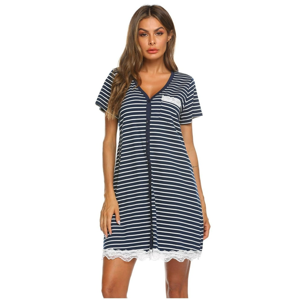 V.I.P. - 50% Cotton Women Nightgown Casual V-Neck Short Sleeve Nightshirt Button Contrast Color