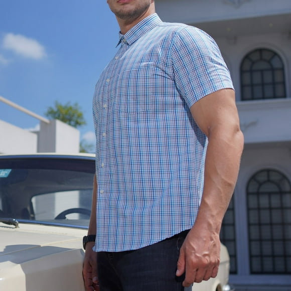 Xysaqa Mens Dress Shirts Mens Business T-Shirts Men'S Plaid Cotton Shirt Buttoned Lapel Collar Short Sleeve Shirt Top With Pockets（Big & Tall Size）S-6Xl