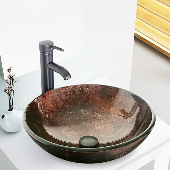 16.5" Bathroom Vessel Tempered Glass Sink Bowl Faucet Bronze Drain Combo Round