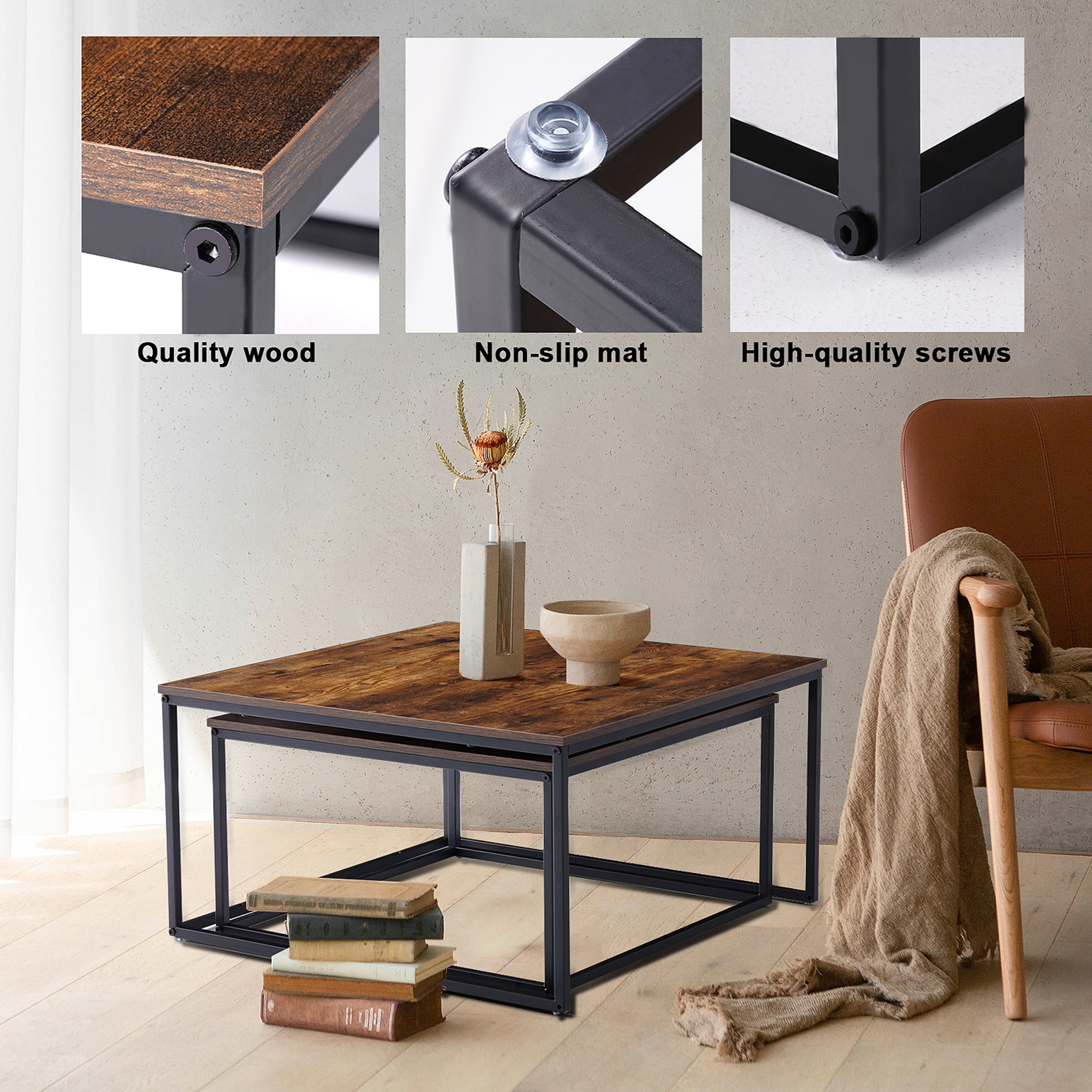 Chnnmbrn Coffee Tables, 2 Piece Set Square Nesting Table for Living Room, Rustic Brown and Black