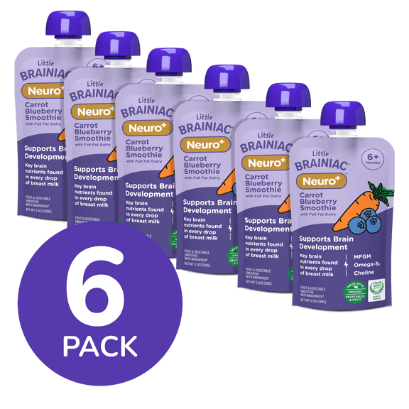 Little Brainiac Neuro Smoothie Baby Food Pouch with Omega-3s, Blueberry Carrot, 3.5oz, 6ct
