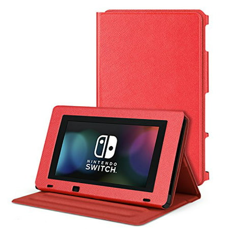 TNP Nintendo Switch Protective Case Portable Play Stand - Adjustable Desktop Flip Multi-Angled View Stand Cover Holder w/ Premium PU Leather Skin Slim Fit For Switch Console Tablet (Red)