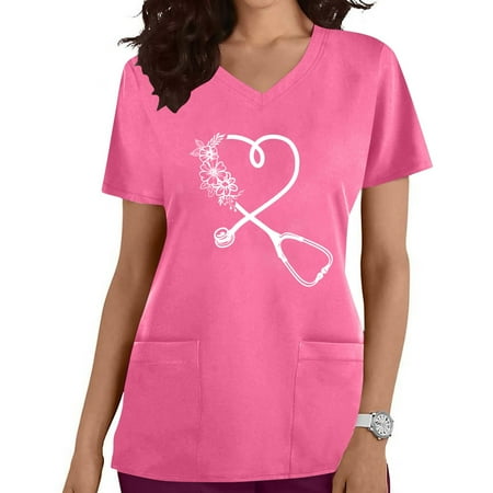 

SELONE Scrubs for Women Short Sleeve Tops Blouses Regular Fit T Shirts Pullover Tees Tops Graphic Print T-Shirts V Neck Tops Blouses With Pockets T Shirts Easy Care Soft Breathable Pullover Pink S
