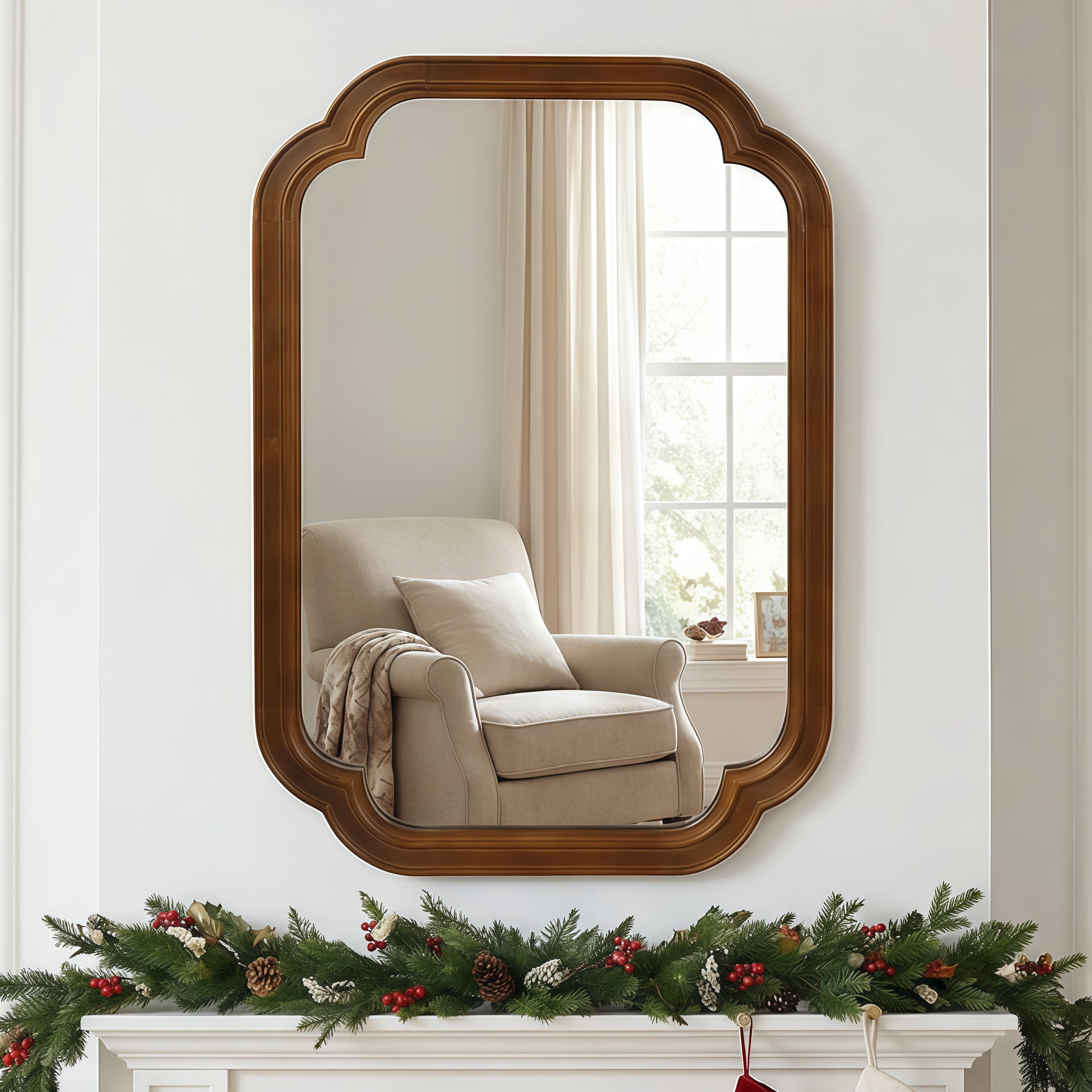 20x30-Inch Rounded Corner Solid Wood Frame Mirror, Decorative Wall Mirror and Vanity Mirror for Bedroom Bathroom Living Room Entryway, Black Walnut
