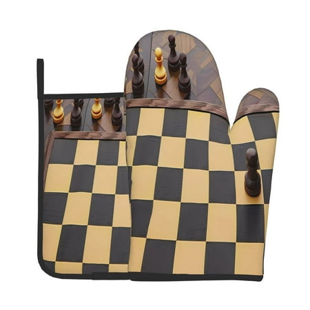 

Jgfou Chess Board With Pawns Pattern Oven Mitts and Pot Holders Sets Heat Resistant Oven Mittens Soft Lining Extra Thicken Long Kitchen Cotton Oven Glove for Cooking