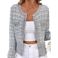 thumbnail image 2 of Womens - Blazer à Carreaux Habillé Décontracté Bouton devant Cardigan Col Rond Manches Longues Texture Tricot Vestes Gris P, 2 of 9