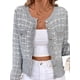thumbnail image 2 of Blazer de A Cuadros para Mujer, Elegante, Informal, con Botones Al Frente, Cuello Redondo, Larga, Tejido Texturizado Gris S, 2 of 9