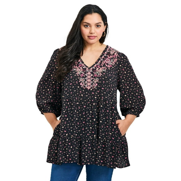 Avenue Women's Plus Size Ditsy Embroidered Tunic