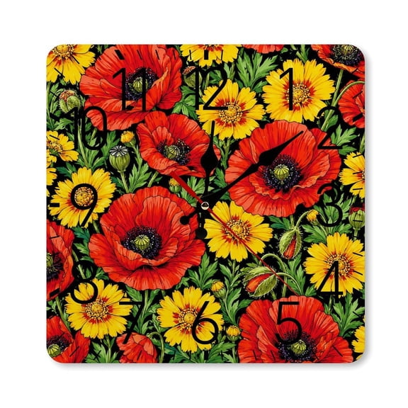 RKSupls 10×10inch Square Silent Wall Clock Wooden Frame, Poppy Daisy Pattern Scale Decorative Clock for Home Bedroom Living Room Office