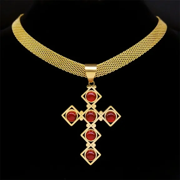 Vintage Red Stone Cross Necklace Exquisite Choker for Women 14K Yellow Gold Clavicle Chain Necklaces Jewelry