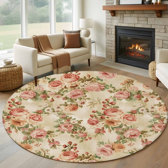 Round Area Rug 5 Ft, Rose Fall Washable Non-Slip Circle Carpet for Living Room/Bedroom, Thanksgiving Vintage Pastoral Botanical Flowers Low-Profile Runner Mats Collection Rugs for Indoor