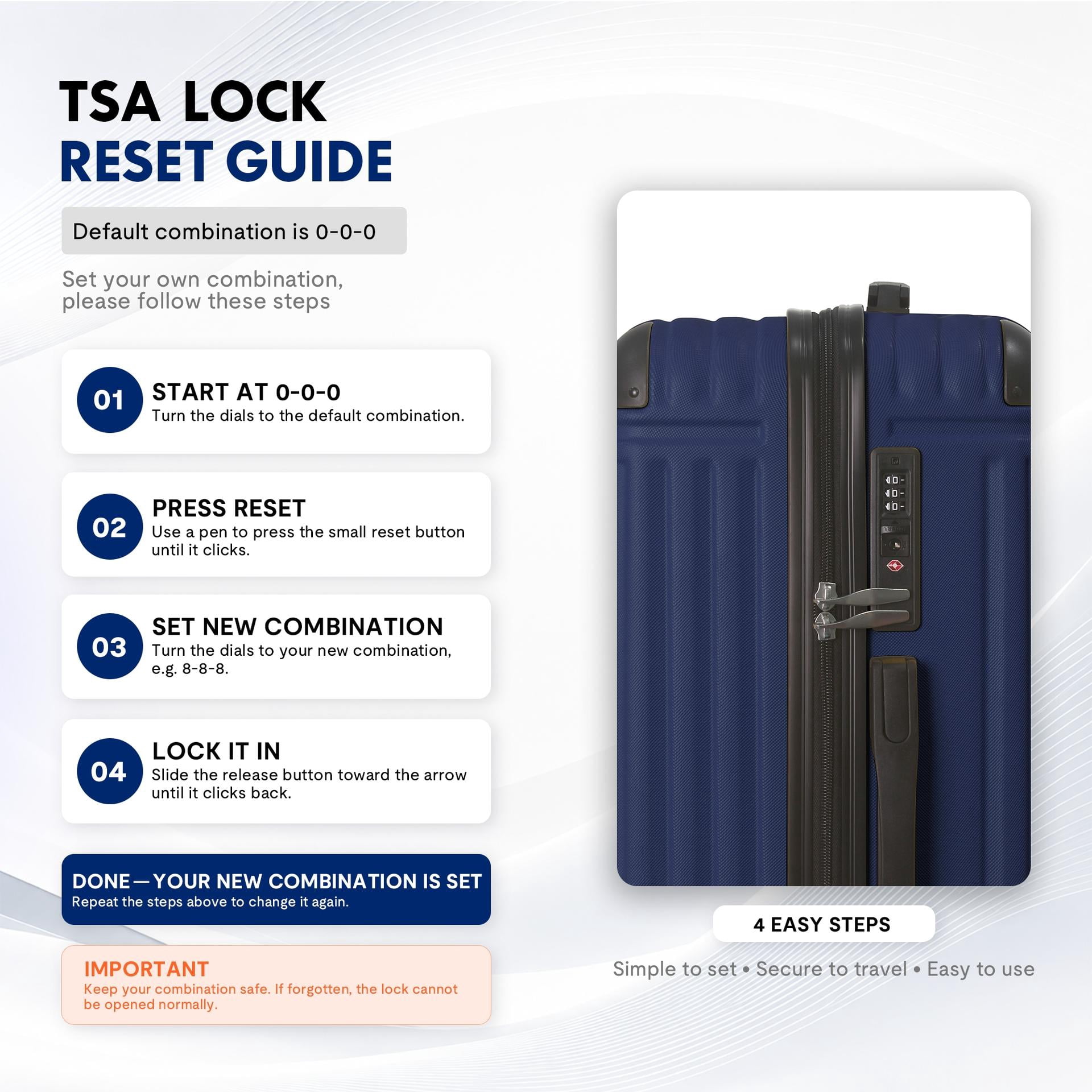3-Piece ABS Hardshell Luggage Set - Lightweight Durable Suitcases with 4 Silent Spinner Wheels, TSA Lock & Scratch-Resistant Surface, 20"/24"/28", Navy Blue