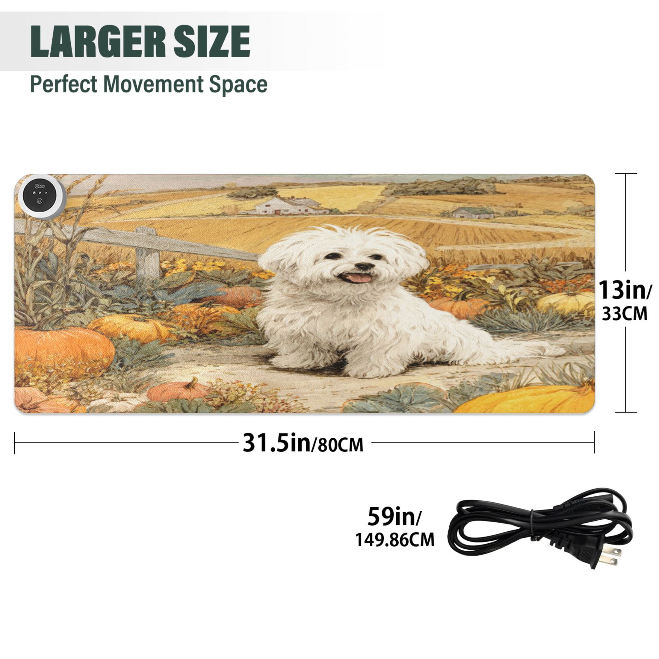 Large Heated Desk Mat Mouse Pad 31.5"x13"PU Leather Graphene Heating Desk Warmer with 3 Temperature Settings 110V US Plug Non-Slip Warm Pad for Home, Office, and Gaming White Havanese Dog Pattern