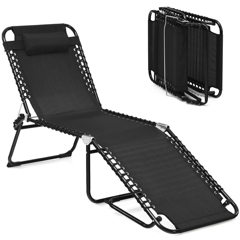 Costway Folding Beach Lounge Chair Heightening Design Patio Lounger w Pillow Black