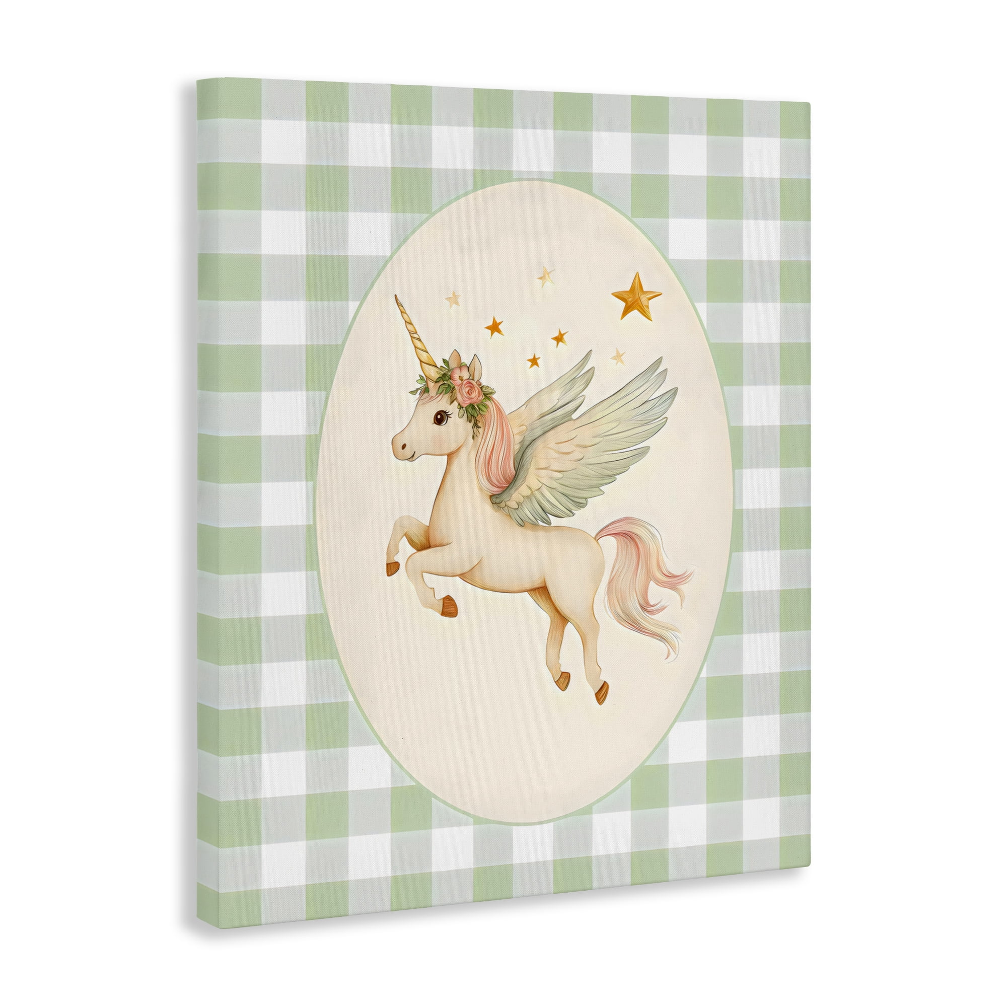Stupell Industries Winged Unicorn over Green Gingham Canvas Wall Art, design by Arlington Prints