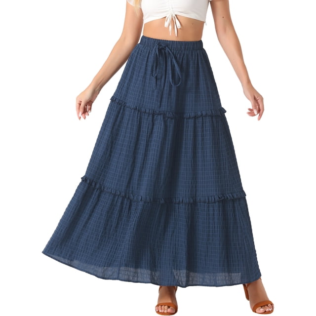 FALDA MAXI A LINEA PARA MUJER INSPIRADA CHIC CINTURA ALTA VOLANTE EN CAPAS CINTURÓN TEXTURA DE REJILLA FALDAS LARGAS CASUAL L AZUL OSCURO