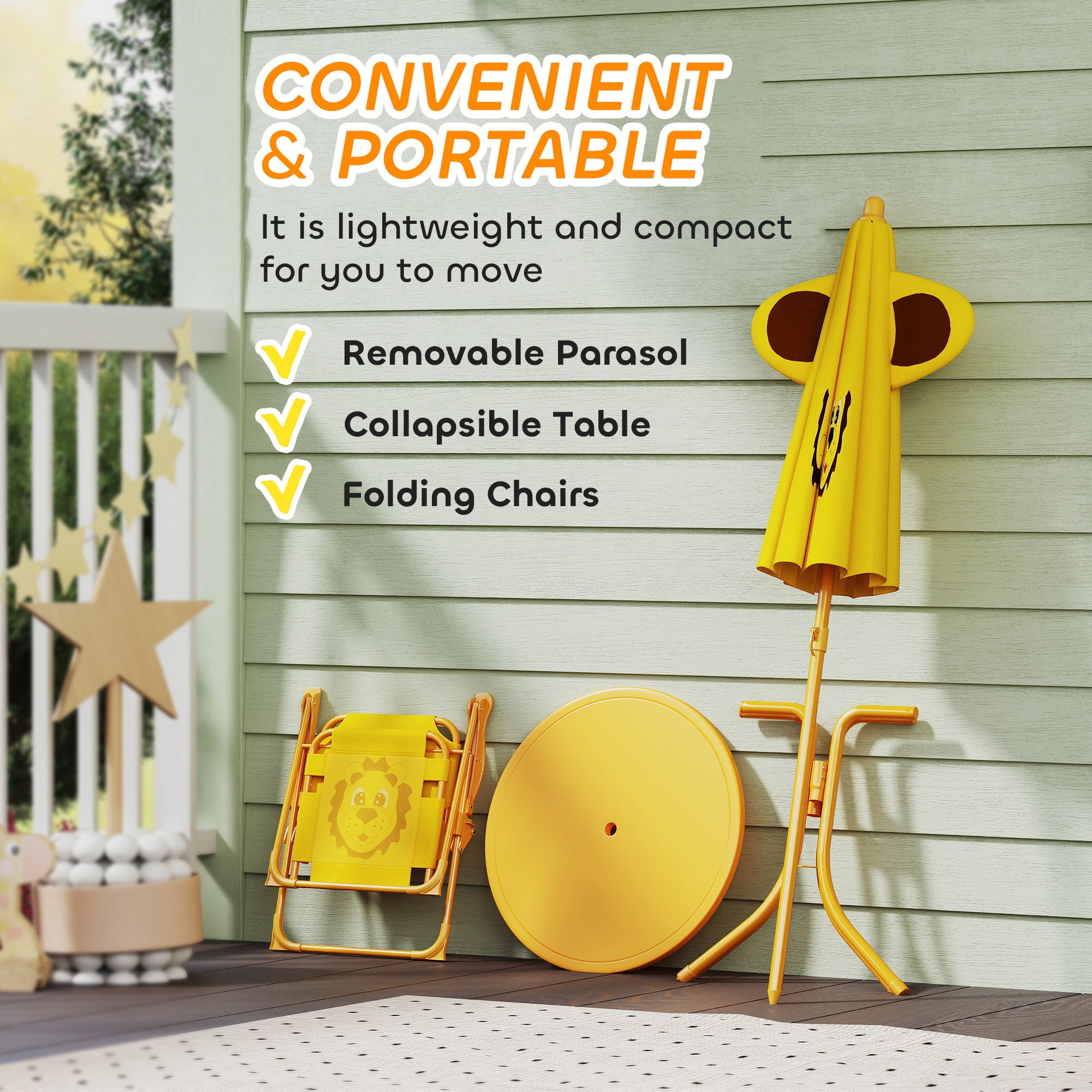 Qaba Kids Picnic Table and Chair Set, Bee Pattern Outdoor Activity Table with Foldable Chairs, Height Adjustable Umbrella for Backyard, Garden, Yellow