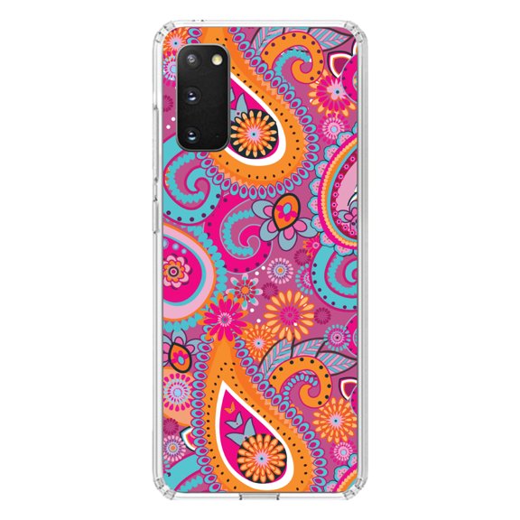 DistinctInk Clear Shockproof Hybrid Case for Galaxy S20 ULTRA / 5G (6.9" Screen) - TPU Bumper, Acrylic Back, Tempered Glass Screen Protector - Pink Blue Orange Paisley