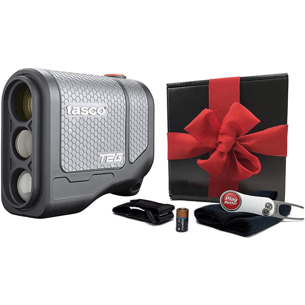 Tasco Tee-2-Green Golf Laser Rangefinder Gift Box Bundle | +PlayBetter Pitchfix Divot Tool with Ball Marker, PlayBetter Microfiber Towel, Cart Mount & CR2 Batteries (x2) | Packed in Black Gift Box