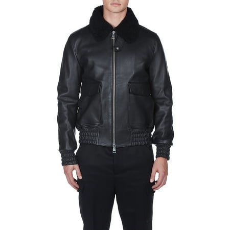 Shearling Leather Coat - AMI Men's Shearling Collar Leather Jacket H16L14.101 Black