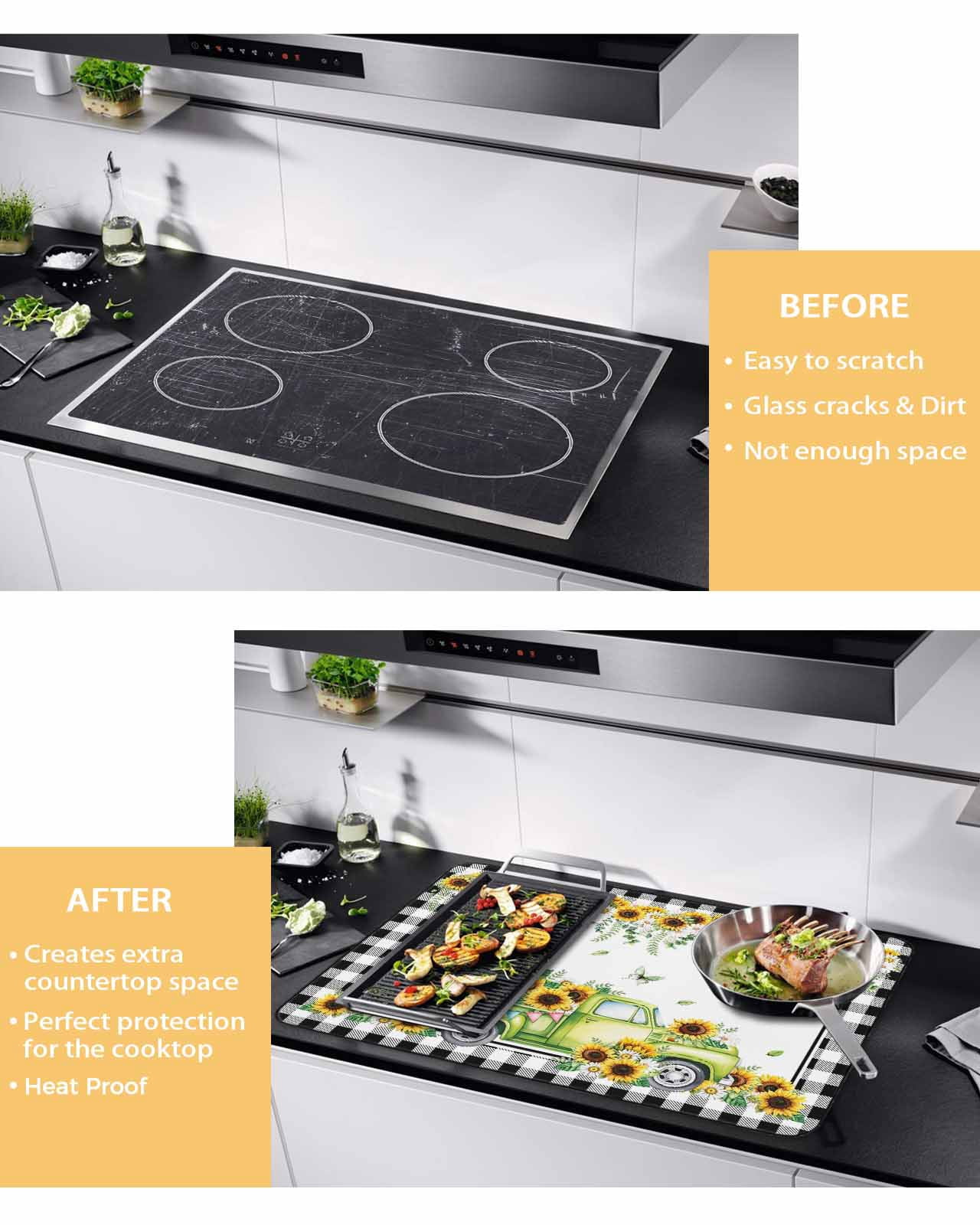 Large Induction Cooktop Protector Mat Sunflowers Stove Top Covers for Electric Stove, Spring Farmhouse Country Truck Floral Black Plaid Decorative Stove Burner Cover Mats, Glass Top Stove Cover