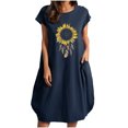 thumbnail image 2 of SMihono Robe d'Été Boho pour Femmes Grande Taille Robe d'Été en Coton et Lin à Imprimé Floral Manches Courtes avec Poche Col Rond Ample, 2 of 6