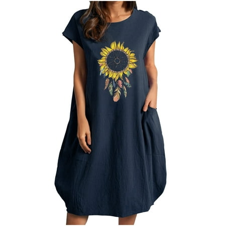 

LWZWM Sexy Dresses for Women Date Night Short Sleeve Crew Neck Cotton Linen Floral Pocket Easter Gifts Best Friend Gifts for Women Navy XXL