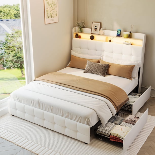 QinaQin Base de cama tapizada con cabecera y 2 cajones, luz LED, contacto y puerto USB, tapizado suave tipo plush, diseño moderno silencioso y funcional para recámara