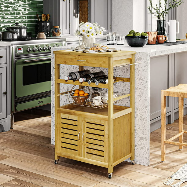 Kitchen Island Cart, Bamboo Wood Rolling Kitchen Storage Cart with