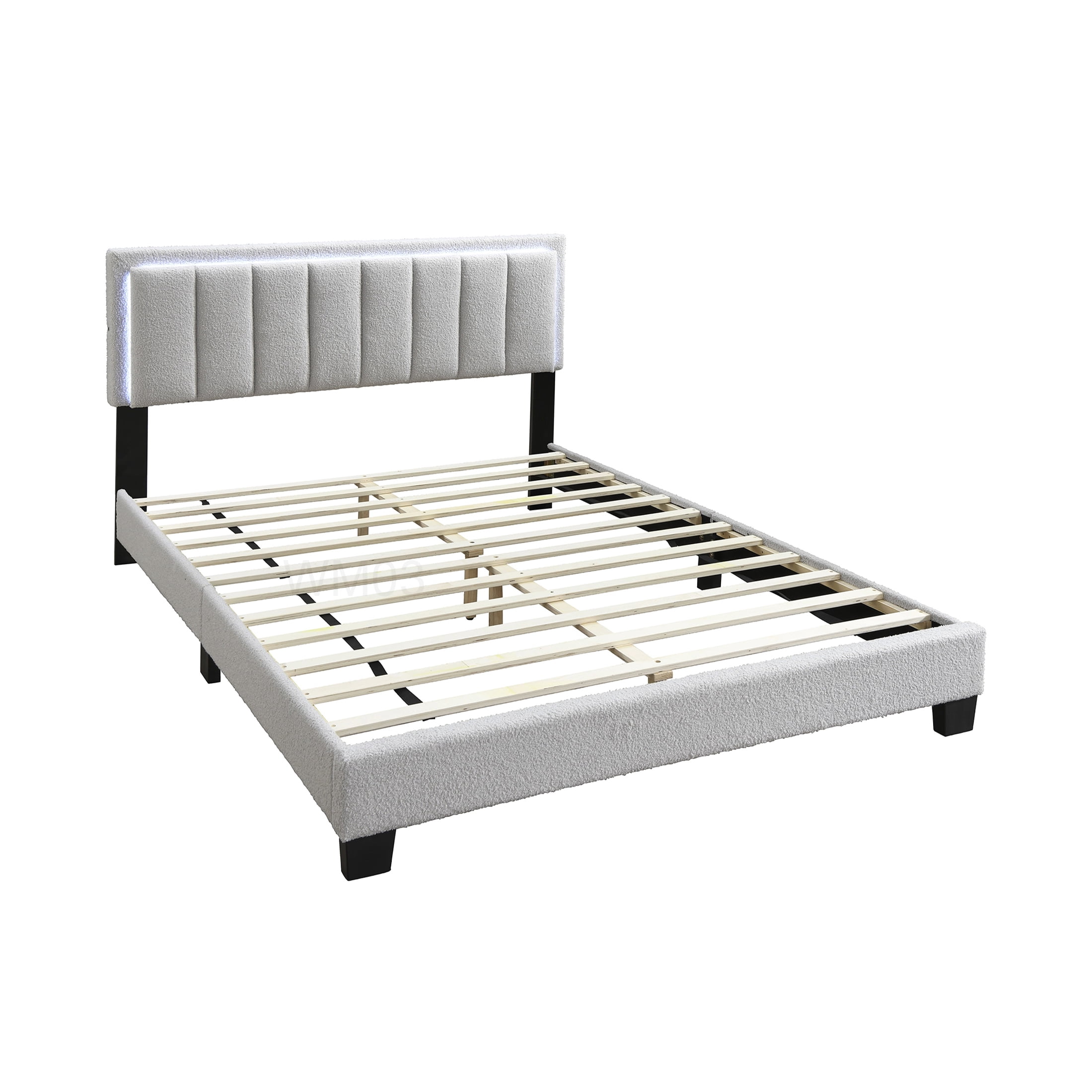 Modern Light Gray Upholstered Queen Bed with LED Lights, Channel Tufted Headboard Platform Bed Frame, No Box Spring Required